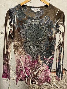 Decree Vintage Y2K Fitted Brown Pink Grunge Paisley Pattern Longline Top Medium